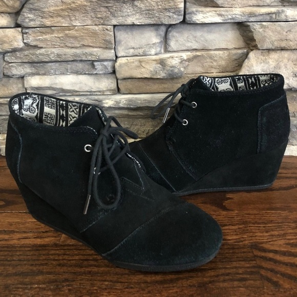 Toms Black Suede Desert Wedge Ankle Boots Booties 380515 Women Size 9 Lace Up, - Picture 4 of 13